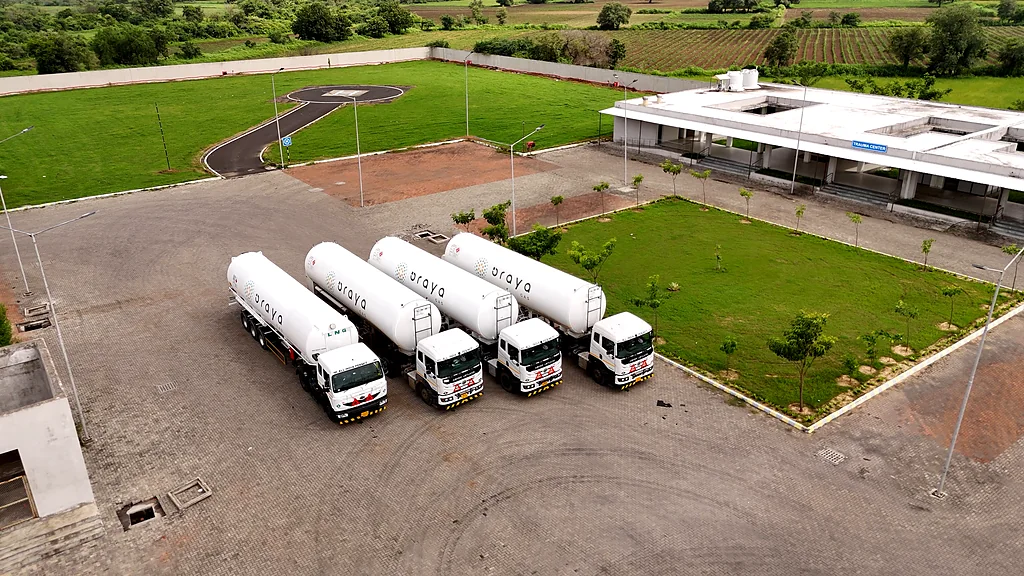 Aerial view of Oraya tankers parked at the depot